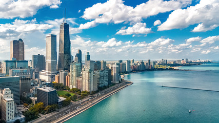 Fototapete - Chicago skyline aerial drone view from above, city of Chicago downtown skyscrapers and lake Michigan cityscape, Illinois, USA
