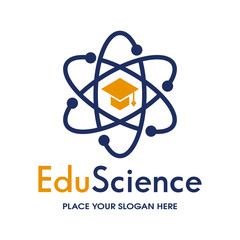 Education Science vector logo template. This design use student hat and atomic symbol. Suitable for learning business.