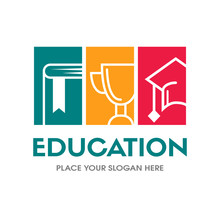 Education vector logo template with book, trophy and student hat symbol.