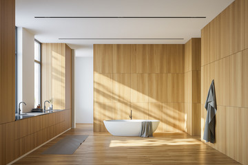 luxury wooden bathroom with tub and sink