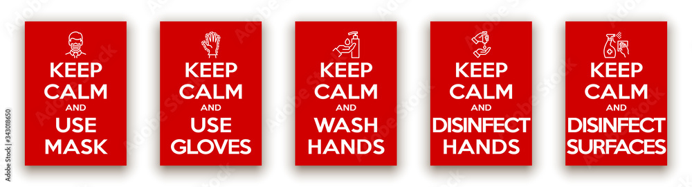 keep calm and use mask, gloves, wash disinfect hands and surfaces illustration banner. red classic poster coronavirus covid with icon head of a man in face mask. motivational poster design for print - obrazy, fototapety, plakaty 