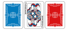 A Playing Card Joker And Reverse Or Back Of Cards In Red, Blue And Black From A New Modern Original Complete Full Deck Design. Standard Poker Size.