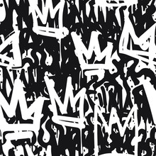 Vector Tags Seamless Pattern. Fashion Black And White Graffiti Hand Drawing Design Texture In Hip Hop Street Art Style For T-shirt Skateboard Textile