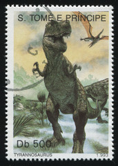 Wall Mural - RUSSIA KALININGRAD, 27 MARCH 2019: stamp printed by Sao Tome and Principe shows dinosaur, circa 1993