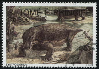 Sticker - RUSSIA KALININGRAD, 27 MARCH 2019: stamp printed by Sao Tome and Principe shows dinosaur, circa 1993