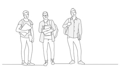 Wall Mural - Three guys with books and backpack. Students. Contour drawing vector illustration.