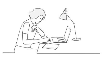 Sticker - Woman sitting at desk and writs. Contour drawing vector illust