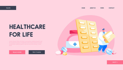 Health Care and Medicine Drugs Industry Landing Page Template. Tiny Pharmacist Male Character Hold Huge Box with Medication in Pharmacy or Drugstore. Chemist with Remedy. Cartoon Vector Illustration