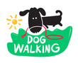 Dog Walking Creative Banner, Pet Service Concept. Black Puppy Carry Lush in Mouth on Green Field and Typography. Animals Walk, Daycare Poster Simple Design. Cartoon Vector Illustration, Icon, Label