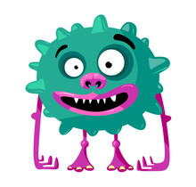 Cute Monster With Funny Face, Toothy Mouth And Long Arms. Green Germ, Alien Or Bacteria With Ball Shaped Body With Pimples Isolated On White Background. Cartoon Vector Illustration, Icon, Clip Art