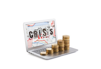 Canvas Print - Profit during the crisis. Rising coins on laptop with the word crisis on the screen isolated on white background