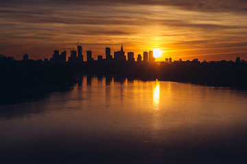 Canvas Print - City downtown seen from Siekierkowski Bridge in Warsaw, capital of Poland