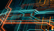 3d render and Illustration/Printed circuit board futuristic server.Circuit board futuristic server code processing. Blue,Orange, green technology background.