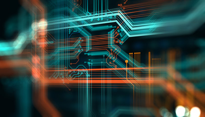 3d render and Illustration/Printed circuit board futuristic server.Circuit board futuristic server code processing. Blue,Orange, green technology background.