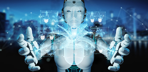 Fototapete - Robot holding and touching holographic projection of a plant with digital analysis 3D rendering