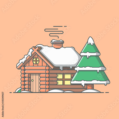 Snow Cabin In Winter Vector Illustration House Icon Cabin Logo Snow Covered Cabin In Forest Wooden House Flat Cartoon Style Suitable For Web Landing Page Banner Flyer Sticker Card Background Stock Vector