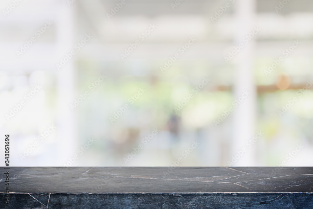 Empty black marble stone table top and blur glass window interior cafe and restaurant banner mock up abstract background - can used for display or montage your products. - obrazy, fototapety, plakaty 
