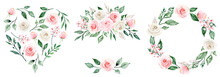 Wreaths, Floral Frames Set And Heart With Watercolor Flowers Pink And White Roses, Illustrations Hand Painted. Isolated On White Background. Perfectly For Greeting Card Design.