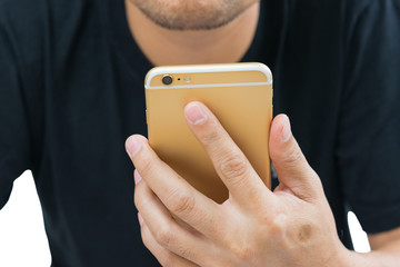 Man use gold smartphone for rear view on white background