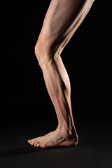 Side view of the leg and calf muscle of a fibrous barefoot cyclist athlete. Studio photography with black background