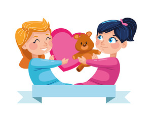 Sticker - cute little girls with bear teddy and heart characters