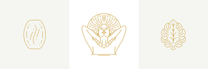 Wall Mural - vector line decoration design elements set - female face and monstera leaf illustrations simple line
