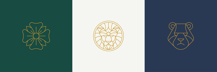 Wall Mural - vector line decoration design elements set - lion and bear heads illustrations simple minimal linear