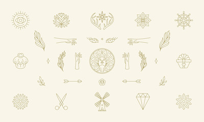 Wall Mural - vector line women decoration design elements set - women face and gesture hands illustrations simple