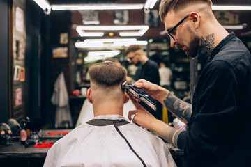 Rear view shot of handsome hairdresser cutting hair of male client. Hairstylist serving client at barber shop