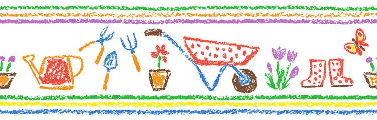 Seamless border, pattern or frame funny doodle gardening tools set. Crayon like kids hand drawn garden or farm instruments. Vector pastel chalk or pencil child flower, cart, rubber boots, plant art