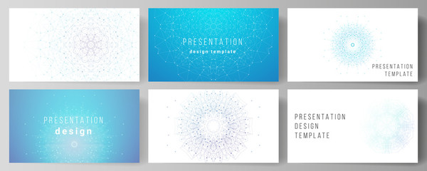 The minimalistic abstract vector illustration layout of the presentation slides design business templates. Big Data Visualization, geometric communication background with connected lines and dots.