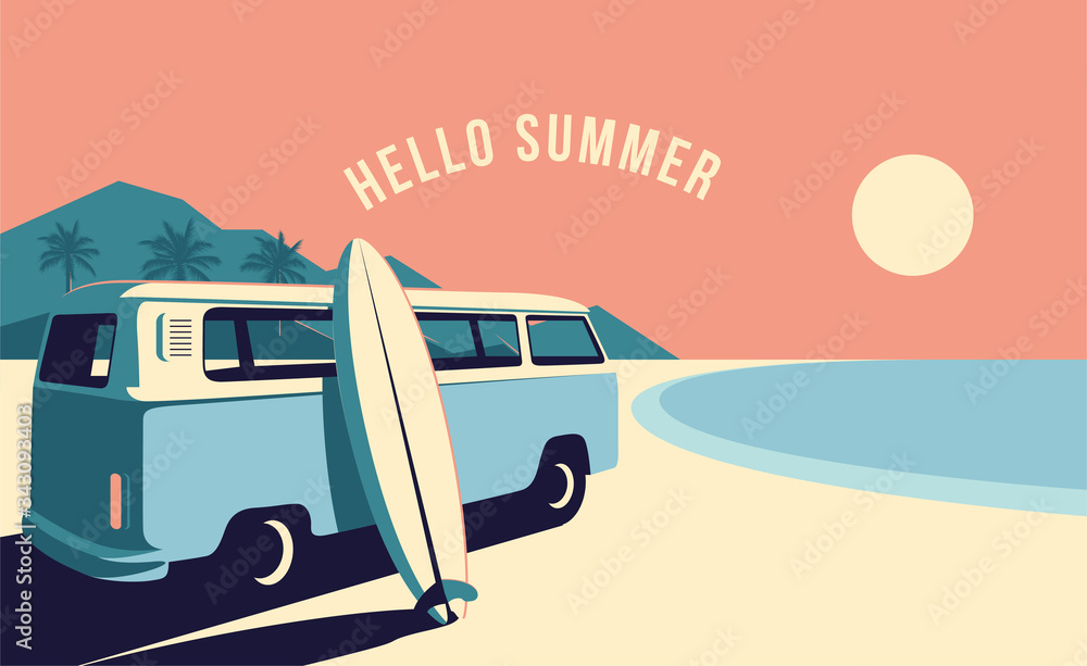Surfing van and surfboard at the beach with mountains landscape on background. Summer time vacation banner design template. Vintage styled minimalistic vector illustration. - obrazy, fototapety, plakaty 