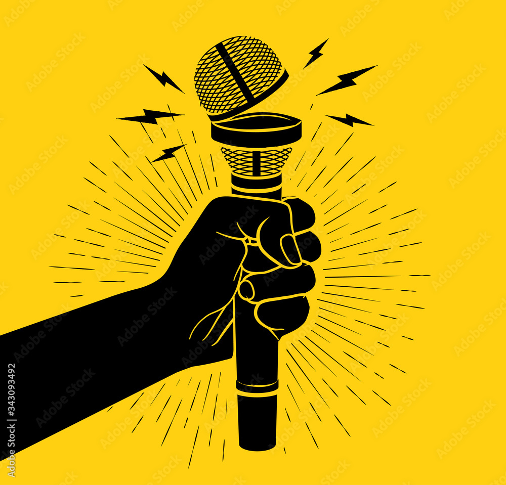 Arm black silhouette holding microphone with opened cup. Open mic concept. Isolated on yellow background. Vector illustration - obrazy, fototapety, plakaty 