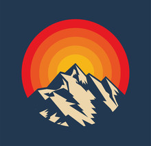 Sunset Above Mountains Peak Silhouette. Vintage Styled Mountain Logo Or Sticker Or Poster Template. Vector Illustration