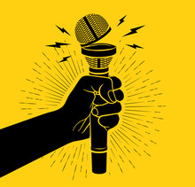 Arm Black Silhouette Holding Microphone With Opened Cup. Open Mic Concept. Isolated On Yellow Background. Vector Illustration