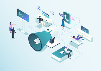 Outbound marketing concept illustration in isometric design.  Online and offline business promotion and interruption to interact with people for future bargains. Vector illustration