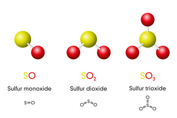 Wall Mural - three sulfur oxides, molecule models and chemical formulas. sulfur monoxide, dioxide and trioxide, s