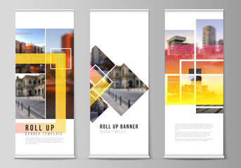 The vector illustration of the editable layout of roll up banner stands, vertical flyers, flags design business templates. Creative trendy style mockups, blue color trendy design backgrounds.