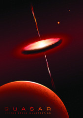 red quasar nebula with jets in the planets orbital center. space illustration