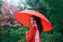 Young Beauty Woman Walks In Bad Weather Under Summer Rain, Holds Bright Red Umbrella In Hands. Casual Orange Sweater Pink Scarf. Park Green Fresh Spring Trees. Happy Girl Enjoys Autumn Cold Nature