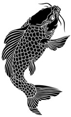 Wall Mural - black koi carp fish swimming up. Tattoo. Isolated vector illustration