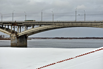  ice melts on the Volga river. automobile bridge. Nizhny Novgorod. Russia