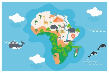  The world map with cartoon animals for kids, nature, discovery, Africa. vector Illustration.