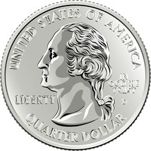 American Money, United States Washington Quarter Dollar Or 25-cent Silver Coin, First United States President Profile George Washington On Obverse