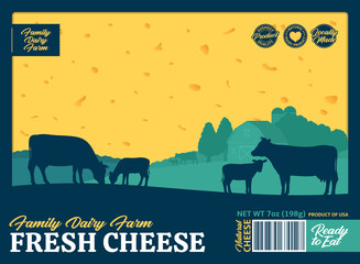 Wall Mural - Vector fresh cheese packaging design or modern style premium label. Realistic cheese illustration. Dairy farm or farming design elements