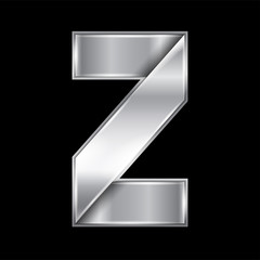 Sticker - New font folded from a silver metallic ribbon. Trendy roman alphabet, gray vector letter Z on a black background, 10eps