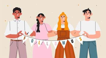 Diverse people characters holding garland with follow us phrase. Influencer marketing, social media or network promotion, SMM, banner, landing page, flyer or ad. Trendy flat vector illustration.