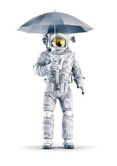 Wall Mural - astronaut with umbrella / 3d illustration of space suit wearing male figure holding umbrella isolate