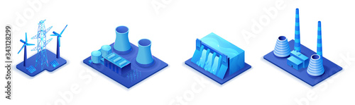 Fotografía Smart grid 3d isometric infographics, blue neon concept with solar panels and el