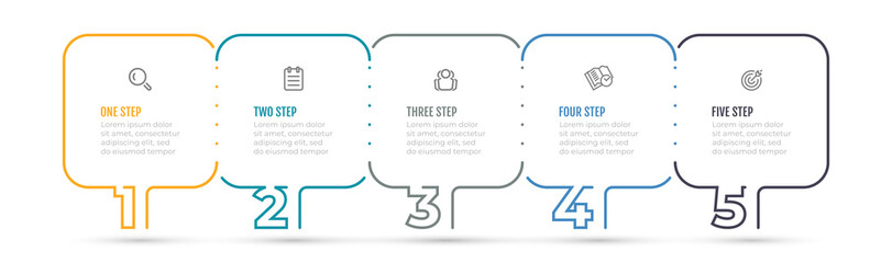 Vector Infographic thineline design label 5 number options, square editable box. Can be used for business process steps, workflow diagram, info chart, web design.